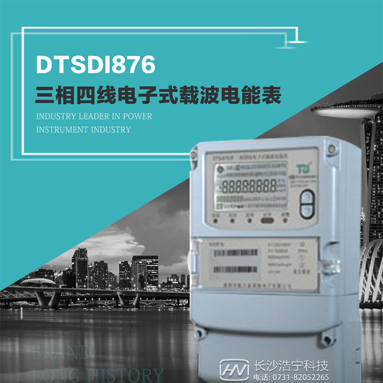 產品型號：DTSDI876 型三相四線電子式載波電能表
精度等級：有功1級,無功2級 
額定電壓： 3×100V 、 3×57.7/100V、 3×220/380V 
額定電流： 0.3(1.2)A～30(100)A 
頻 率： 50HZ 
工作溫度：-40℃～+70℃ 
顯示方式： 液晶 
整機功耗： 
重量： 約2.3kg 
外形尺寸： 265mm?170mm?75mm