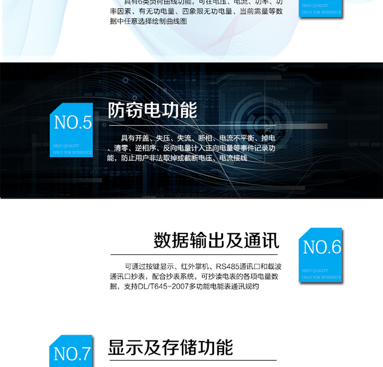 　主要功能
　　電能計(jì)量功能
　　可分時(shí)計(jì)量有功、無(wú)功、正向有功、反向有功、正向無(wú)功、反向無(wú)功電量和四象限無(wú)功等電量。
　　最大需量測(cè)量功能
　　可測(cè)量雙向有功、雙向無(wú)功和四象限無(wú)功的最大需量及其發(fā)生時(shí)間。
　　參數(shù)測(cè)量監(jiān)視功能
　　可監(jiān)測(cè)各相電壓、電流實(shí)時(shí)值，三相總及A、B、C各相有功功率、無(wú)功功率、功率因數(shù)、相角、相位等實(shí)時(shí)參數(shù)。