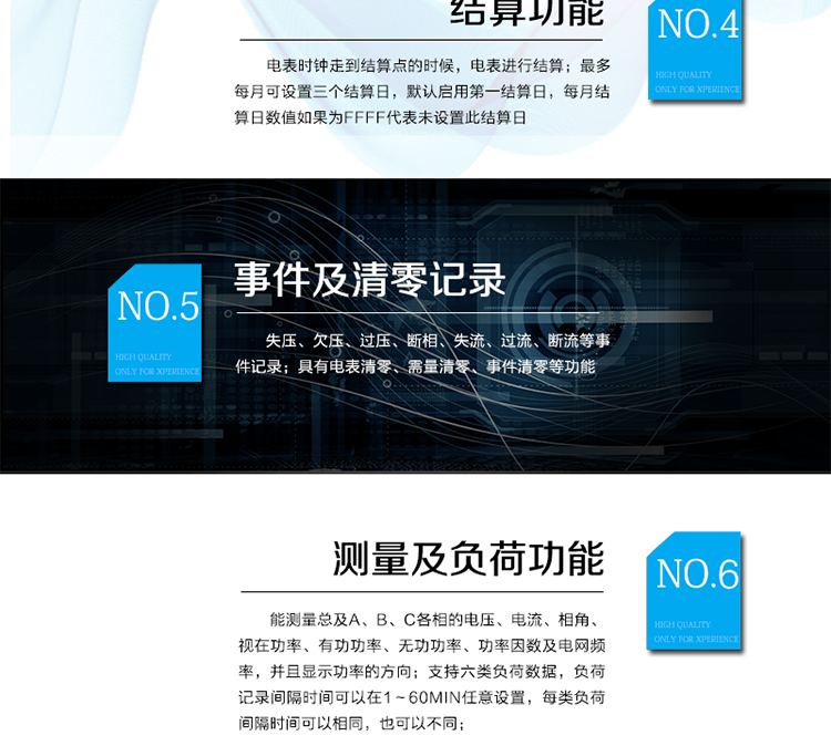 2.3需量計量
 能夠計量正、反向有功，正、反向視在，1、2、3、4象限無功，組合無功1、2的最大需量和發生時間。
 需量周期和滑差時間可在1～60min分鐘范圍內設置，但應該滿足：需量周期大于滑差時間且為其的整數倍，需量周期可在5、10、15、30、60min中選擇；滑差式需量周期的滑差時間可以在1、2、3、5min中選擇。需量周期應為滑差時間的5的整倍數，且該倍數小于等于15。
 當發生電壓線路上電、時段轉換、清零、時鐘調整、需量周期改變、功率潮流方向轉換等情況時，電能表從當前時刻開始，按照需量周期進行需量測量，當第一個需量周期完成后，按滑差間隔開始最大需量記錄。其中，發生時段轉換時，總需量繼續按滑差測量，分時需量按需量周期重新開始測量。
 在一個不完整的需量周期內或修改需量周期時，不做最大需量的記錄。
 能存儲12個結算日最大需量數據。
 需量顯示小數位數出廠缺省為4位小數。
2.4結算功能
 本表除給出有、無功當前總及分時電量、最大需量及其發生時間外，還存儲了上1到上12個結算周期的歷史數據（包含組合有功、正反向有功、組合無功1和組合無功2、四象限無功、各元件有功、無功總電量以及分時電量；正反向有功、組合無功1和組合無功2、四象限無功的最大需量及其出現時間。）。當電表時鐘走到結算點的時候，電表進行結算。電能表結算時，先把當前的電量、最大需量及其發生時間存入上一結算日，再把當前的最大需量及其發生時間清零，計算需量的累加單元清零，需量重新開始計算。
 如果電表掉電跨過結算點時，上電后電表不補結算。
 最多每月可設置三個結算日，默認啟用第一結算日，每月結算日數值如果為FFFF代表未設置此結算日。
 需量結算是只在每月第一結算日結算一次，如果起用了其它結算日，在該結算點結算時，則對應的這個結算日需量數據補FF。
 電壓合格率只在第一結算日進行結算，在啟用其它結算日進行結算時，電壓合格率都不進行結算。