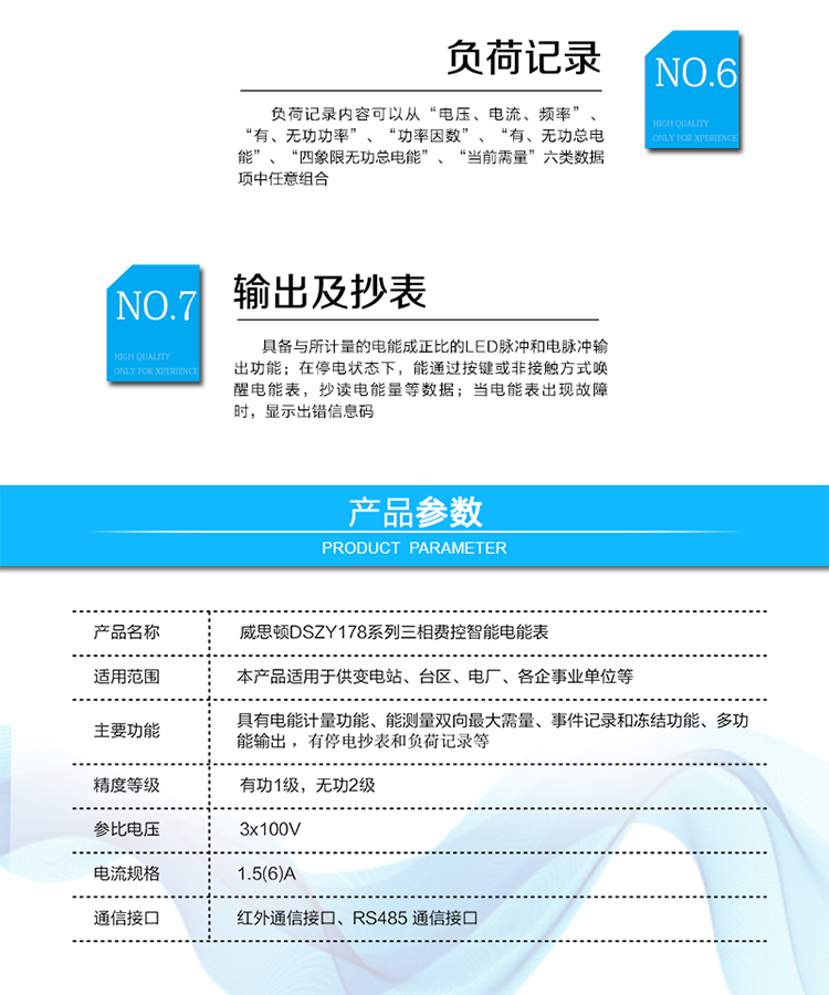 主要功能
計量功能
具有正、反向有功電能、四象限無功電能計量功能；具有分時計量功能；具有計量分相有功電能量功能；能存儲12個結算日電量數據。
測量及監測
能測量雙向最大需量、分時段最大需量及其出現的日期和時間；
能測量當前電能表的電壓、電流、功率、功率因數等運行參數。
事件記錄
記錄最近10次編程、需量清零、校時、各相失壓、各相斷相、各相失流、各相過負荷、電流不平衡、電壓（流）逆相序、開表蓋、開端鈕蓋、全失壓、掉電、遠程控制拉閘、遠程控制合閘等事件。
顯示功能
高對比度、寬視角、帶背光的LCD（數值顯示位數8）。
報警功能
當電能表出現故障時，顯示出錯信息碼。
凍結功能
支持定時凍結、瞬時凍結、約定凍結、日凍結、整點凍結等。
計時功能
采用具有溫度補償功能的內置硬件時鐘電路，具有日歷、計時、閏年自動轉換功能。
脈沖輸出
具備與所計量的電能成正比的LED脈沖和電脈沖輸出功能。
負荷記錄
負荷記錄內容可以從“電壓、電流、頻率”、“有、無功功率”、“功率因數”、“有、無功總電能”、“四象限無功總電能”、“當前需量”六類數據項中任意組合。
停電抄表
在停電狀態下，能通過按鍵或非接觸方式喚醒電能表，抄讀電能量等數據。
費控功能
通過RS485和遠程售電系統實現費控功能。通過嚴格的密碼驗證或ESAM模塊等安全認證，確保數據傳輸安全可靠。